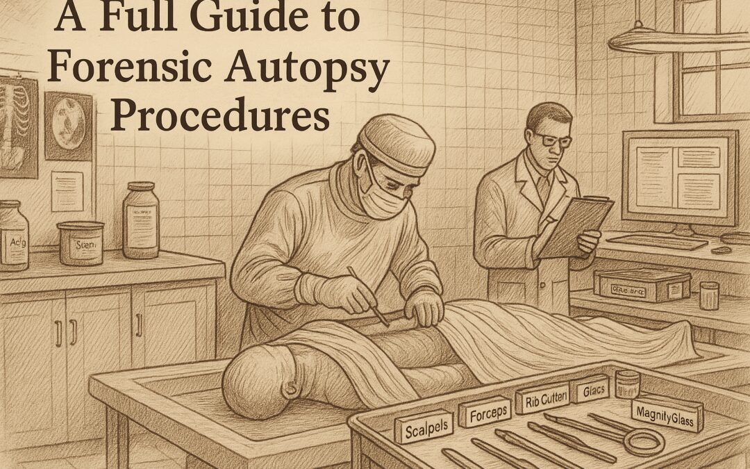 Hand-drawn illustration of a forensic autopsy room with a pathologist examining a body, surrounded by medical tools, documentation, and forensic equipment under sterile lighting.