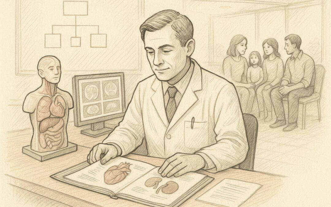 Private Autopsy Pathologist Reviewing Medical Files With Family In Background.