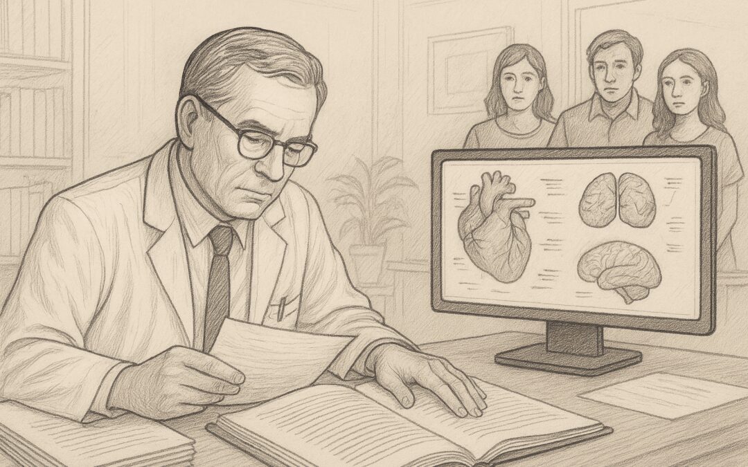 Independent pathologist reviewing autopsy data with digital anatomical visuals in a calm, clinical setting.