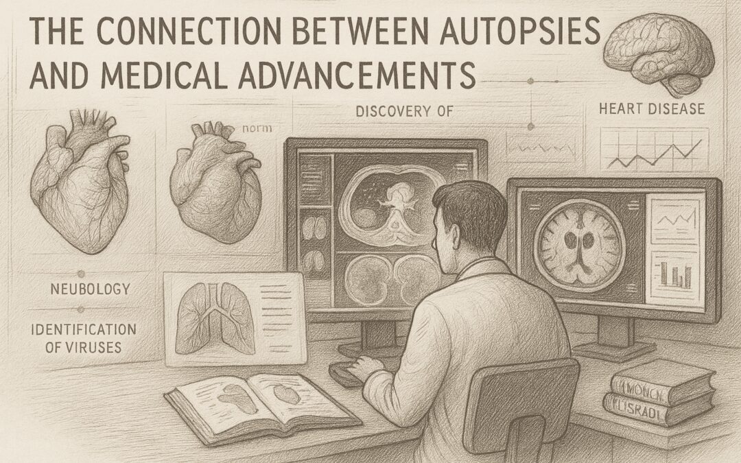 A sepia hand-drawn image of a researcher analyzing CT scans, surrounded by medical diagrams and charts, with the title "The Connection Between Autopsies and Medical Advancements" above.