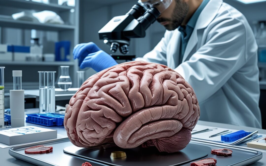 Brain-Only Autopsy Procedure In A Laboratory Setting With A Neuropathologist Examining Brain Tissue Under A Microscope.