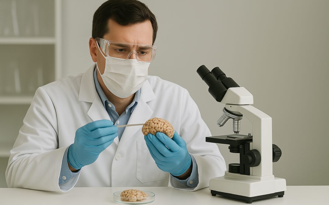 Forensic Pathologist Performing Autopsy Procedures In A Sterile Medical Laboratory Setting
