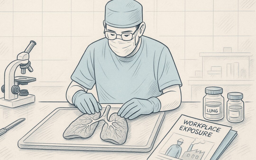 Pathologist Conducting Lung-Only Autopsy With Occupational History Notes And Biopsy Samples In Sterile Medical Suite.