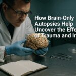 Forensic Pathologist Examining Preserved Human Brain During Brain-Only Autopsy for Postmortem Trauma Analysis.