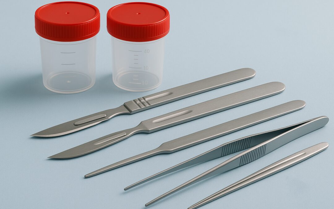 Autopsy Instruments Including Scalpels, Forceps, And Specimen Containers On A Blue Surface.