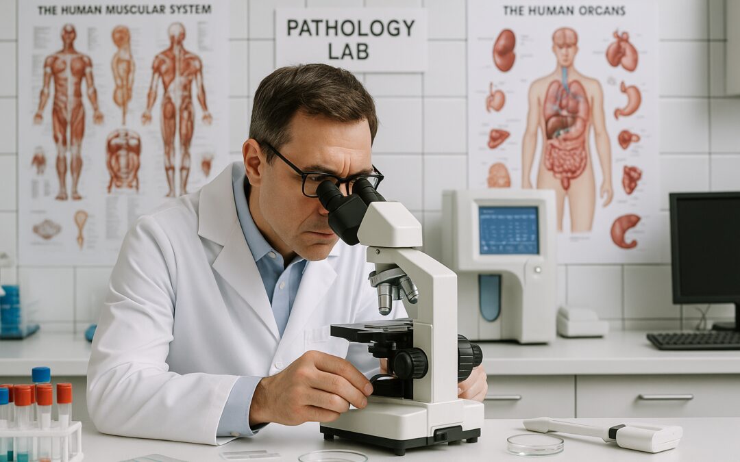 Pathologist Examining Tissue Samples Under Microscope In A Pathology Lab With Human Anatomy Posters In The Background.