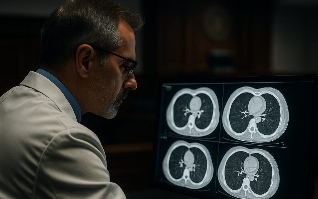 Forensic Pathologist Reviewing CT Lung Scans For Autopsy Evidence In Courtroom.