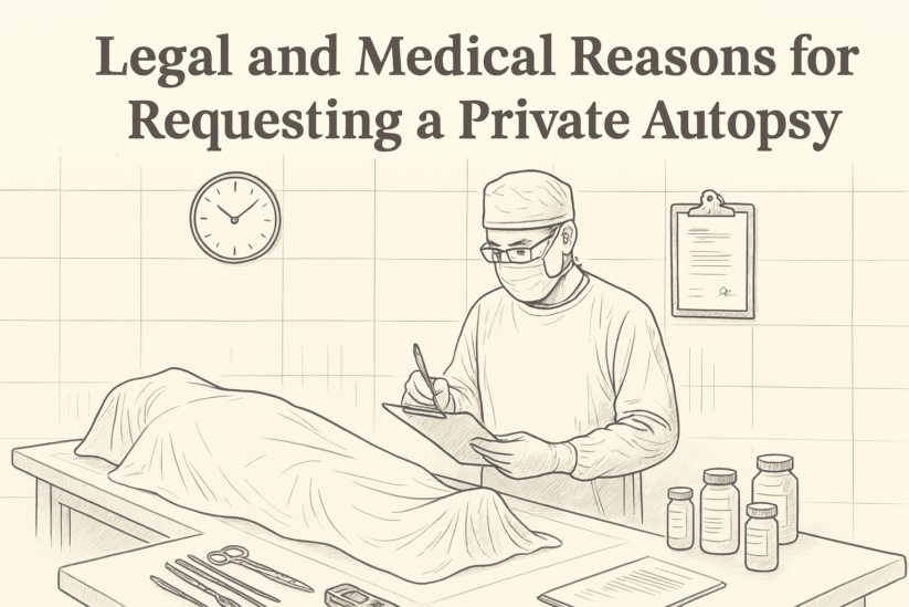 A sepia-toned hand-drawn illustration shows a medical examiner in surgical attire standing beside a covered body on an autopsy table. The examiner writes on a clipboard, surrounded by surgical instruments, labeled specimen jars, a digital recorder, a wall clock, and legal paperwork. The title “Legal and Medical Reasons for Requesting a Private Autopsy” is displayed above in bold serif font.