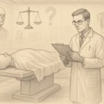 Professional Autopsy Room Illustration With Medical Examiner Reviewing Documents Beside Covered Body In Forensic Setting.