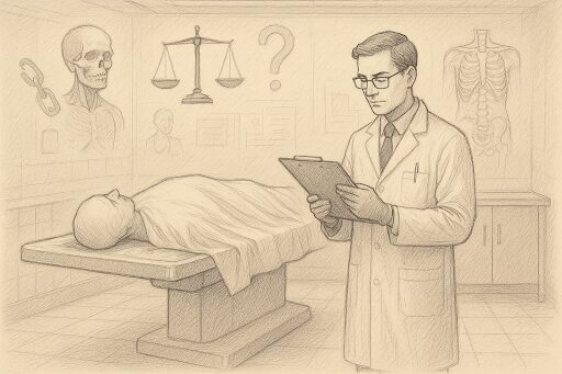 Professional Autopsy Room Illustration With Medical Examiner Reviewing Documents Beside Covered Body In Forensic Setting.