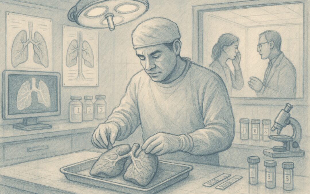 Respectful Lung-Only Autopsy Illustration Showing Pathologist Examining Lungs With Medical Charts, Tissue Samples, And Grieving Family In Background.
