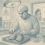 Respectful Lung-Only Autopsy Illustration Showing Pathologist Examining Lungs With Medical Charts, Tissue Samples, And Grieving Family In Background.