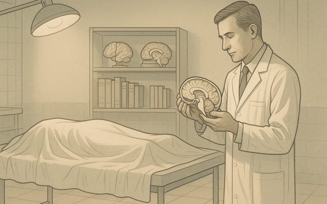Brain-Only Autopsy Illustration With Doctor Examining Cross-Section In Medical Examination Room.
