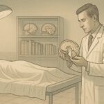 Brain-Only Autopsy Illustration With Doctor Examining Cross-Section In Medical Examination Room.