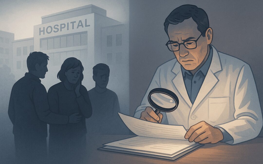Private Autopsy Forensic Pathologist Examining Medical Records With Magnifying Glass While Grieving Family Stands Outside Hospital Building.