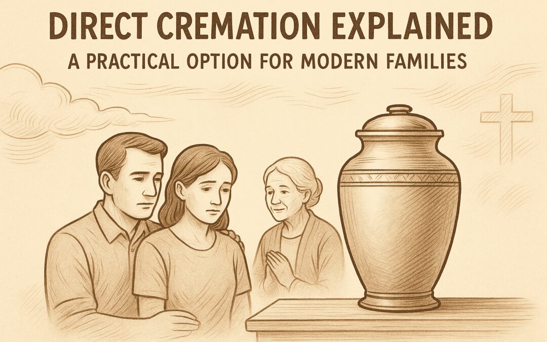 Direct Cremation Family Guide Showing Three Generations Discussing Cremation Services With Memorial Urn On Table In Warm Sepia Drawing Style.