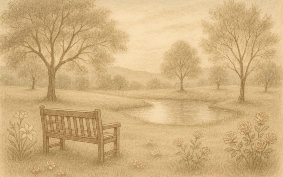 Peaceful Memorial Garden Scene With Wooden Bench Overlooking Pond, Symbolic Trees, And Flowers Representing Reflection After Private Autopsy.