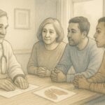 Doctor Explaining Lung-Only Autopsy Results To Grieving Family Members In Medical Consultation Room For Mesothelioma Diagnosis And Peace Of Mind.