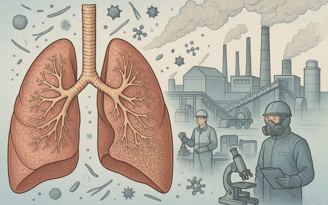 Cross-Sectional Human Lungs With Bronchial Structures And Alveoli In Foreground, Industrial Factory With Smokestacks And Workers In Background, Illustrating Occupational Exposure To Dust Particles And Chemicals In Environmental Health Context..