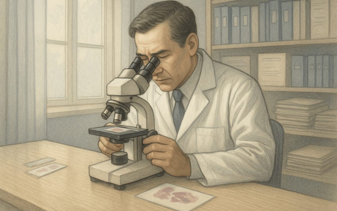 Pathologist Examining Lung Tissue Samples Under Microscope For Postmortem Mesothelioma Diagnosis.