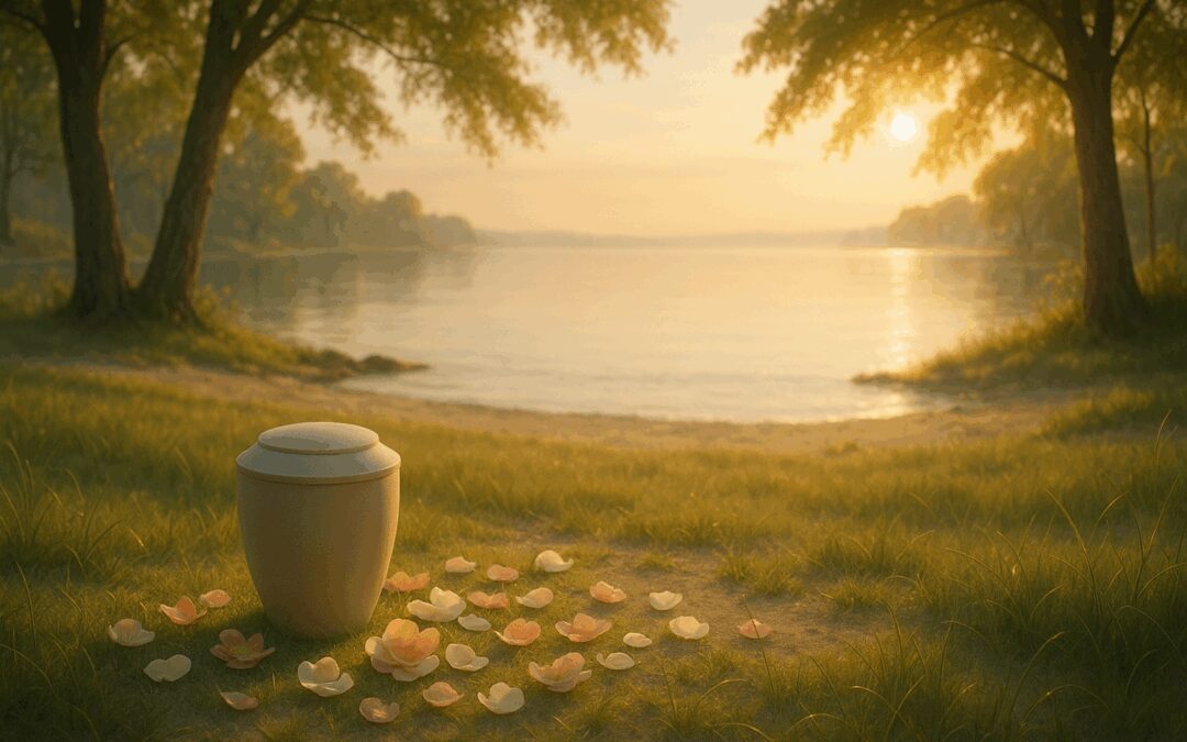 Peaceful Cremation Urn With Flower Petals By Serene Lake At Sunrise Representing Dignified Direct Cremation Memorial.