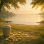 Peaceful Cremation Urn With Flower Petals By Serene Lake At Sunrise Representing Dignified Direct Cremation Memorial.