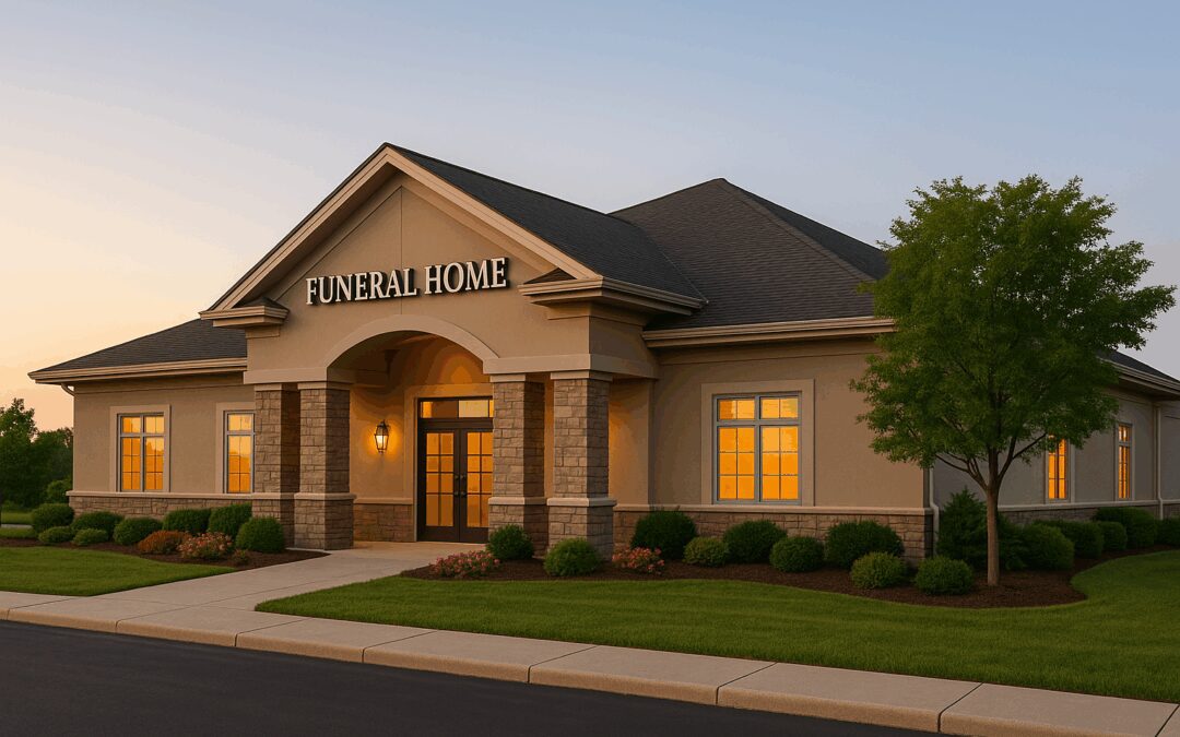 Modern Funeral Home Building Exterior At Sunset With Warm Lighting And Professional Landscaping.