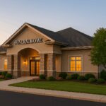 Modern Funeral Home Building Exterior At Sunset With Warm Lighting And Professional Landscaping.