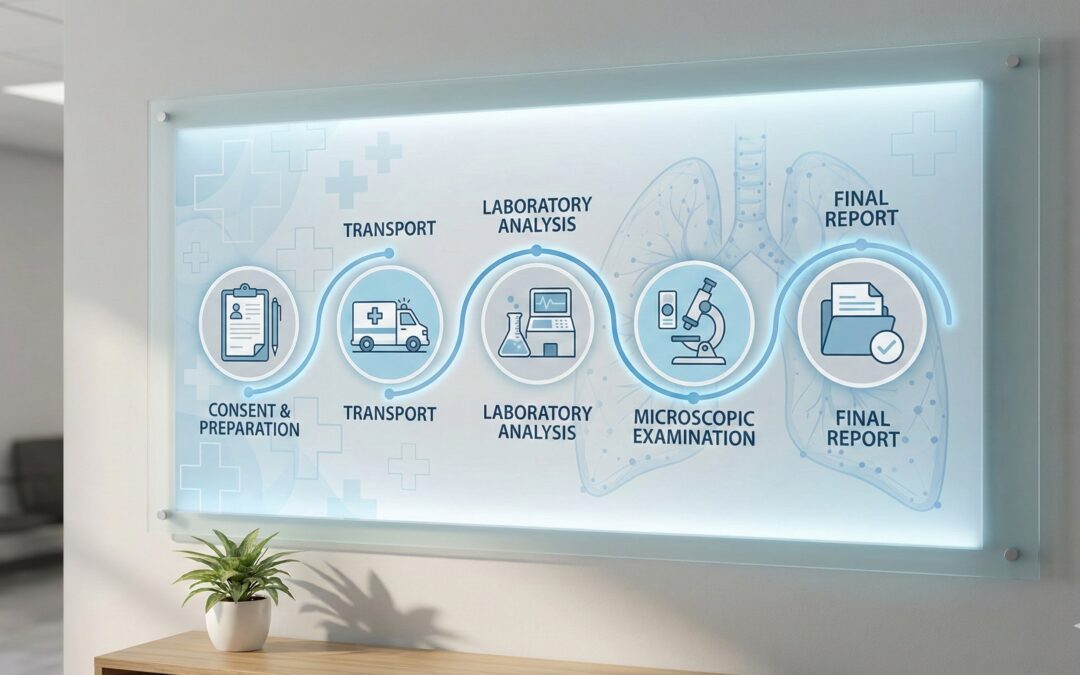 Lung Exam Timeline Showing Consent Transport Laboratory Analysis Microscopic Examination And Final Report Process.