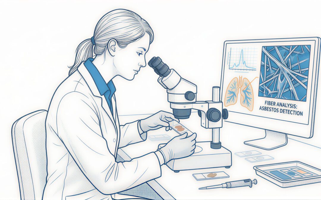 Pathologist Examining Lung Tissue Asbestos Fiber Analysis Under Microscope For Wrongful Death Case Evidence.