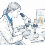 Pathologist Examining Lung Tissue Asbestos Fiber Analysis Under Microscope For Wrongful Death Case Evidence.
