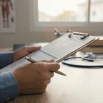 Medical Professional Reviewing Private Autopsy Documents With Stethoscope In Consultation Room.