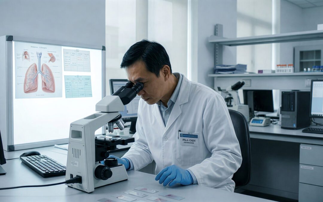 Pathologist In White Lab Coat Examining Lung Tissue Samples Under Microscope In Medical Laboratory With Anatomical Lung Diagram For Lung Only Autopsy Findings.