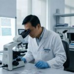 Pathologist In White Lab Coat Examining Lung Tissue Samples Under Microscope In Medical Laboratory With Anatomical Lung Diagram For Lung Only Autopsy Findings.