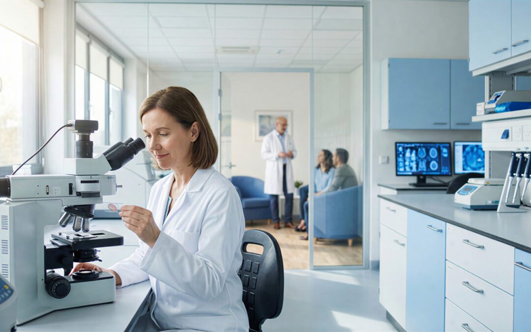Neuropathologist Examining Brain Tissue Samples Under Microscope In Modern Private Autopsy Laboratory With Family Consultation Room.