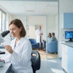Neuropathologist Examining Brain Tissue Samples Under Microscope In Modern Private Autopsy Laboratory With Family Consultation Room.