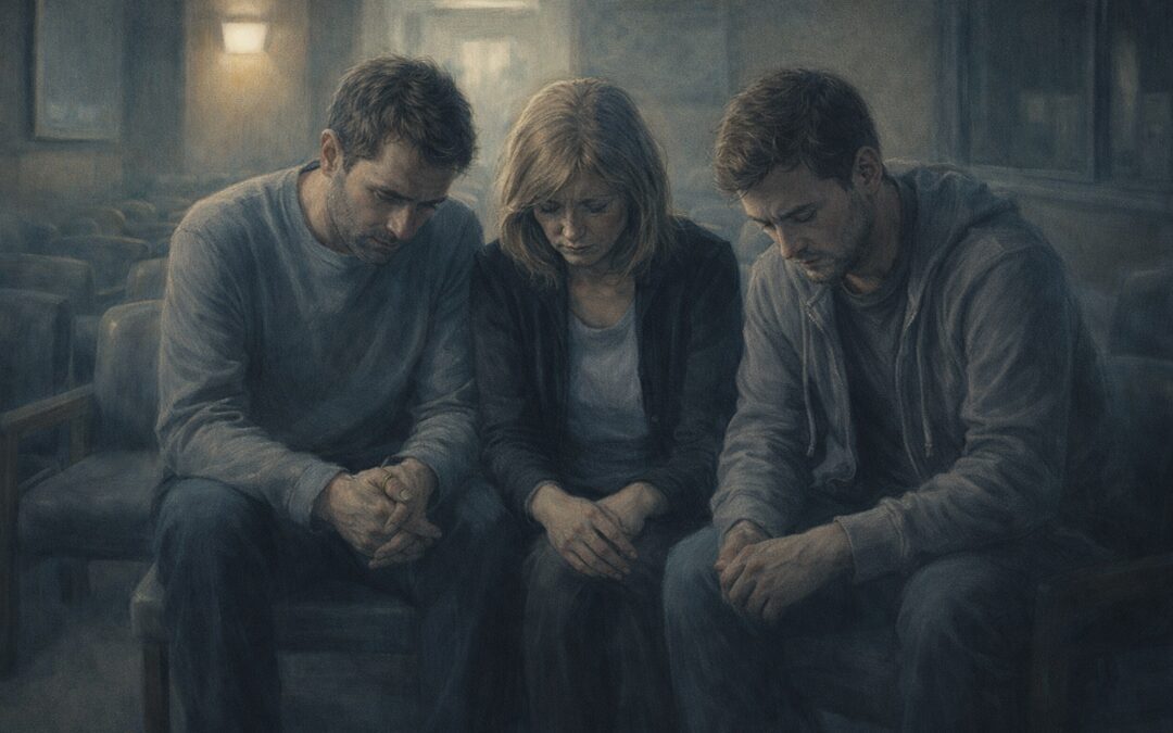 Grieving Family Sitting Together In A Quiet Hospital Waiting Room After An Unexpected Death, Warm Cinematic Lighting, Muted Blue And Grey Tones, Emotional Scene Representing Families Seeking Answers About Hospital Autopsy And Private Autopsy Services.