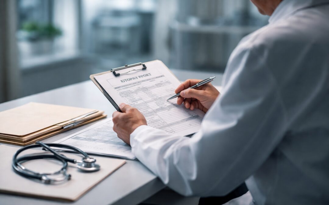 Forensic Pathologist In White Lab Coat Reviewing Official Autopsy Report And Medical Documents At Clinical Examination Desk For Second Opinion And Cause Of Death Review.