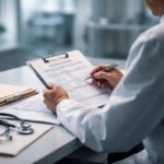 Forensic Pathologist In White Lab Coat Reviewing Official Autopsy Report And Medical Documents At Clinical Examination Desk For Second Opinion And Cause Of Death Review.
