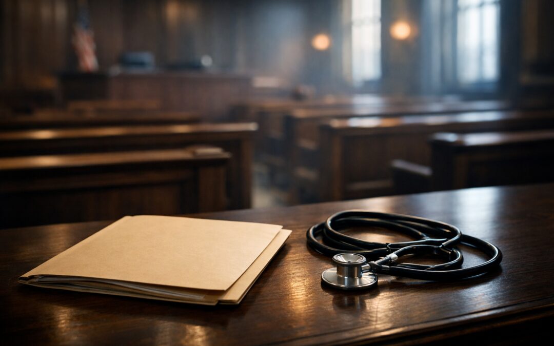 Closed Legal Folder And Stethoscope On Courtroom Table Symbolizing Postmortem Mesothelioma Diagnosis Supporting A Wrongful Death Lawsuit In Asbestos Litigation.