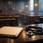 Closed Legal Folder And Stethoscope On Courtroom Table Symbolizing Postmortem Mesothelioma Diagnosis Supporting A Wrongful Death Lawsuit In Asbestos Litigation.