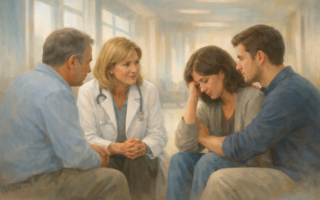 Compassionate Medical Professional Speaking With Grieving Family In Quiet Hospital Corridor About Autopsy And Postmortem Options.