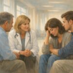 Compassionate Medical Professional Speaking With Grieving Family In Quiet Hospital Corridor About Autopsy And Postmortem Options.
