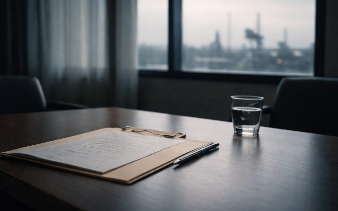 Legal Consultation Table With Medical Documents, Pen, And Industrial Skyline In Background Representing Mesothelioma Wrongful Death Claim Evidence.