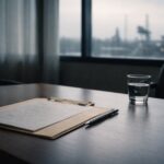 Legal Consultation Table With Medical Documents, Pen, And Industrial Skyline In Background Representing Mesothelioma Wrongful Death Claim Evidence.