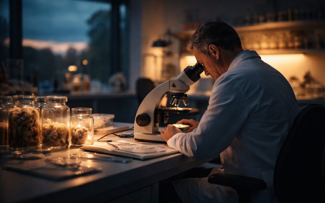 A Neuropathologist In A White Coat Studying Brain Tissue Slides Under A Microscope In A Dimly Lit Medical Laboratory At Dusk.