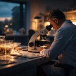 A Neuropathologist In A White Coat Studying Brain Tissue Slides Under A Microscope In A Dimly Lit Medical Laboratory At Dusk.