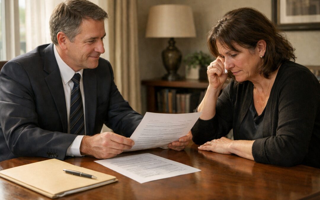 Attorney Reviewing Official Autopsy Report With Grieving Family Member At A Wooden Desk.
