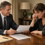 Attorney Reviewing Official Autopsy Report With Grieving Family Member At A Wooden Desk.