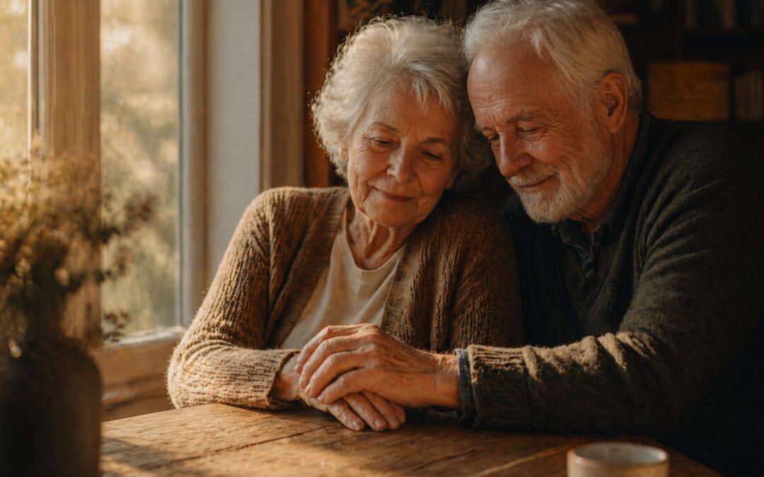Elderly Couple Holding Hands By A Sunlit Window, Reflecting On An Alzheimer's Diagnosis After Loss.